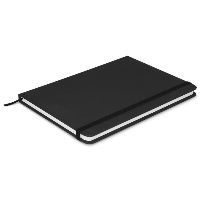 A sleek black Omega Notebook with a sturdy cover and elastic band closure, featuring blank pages inside.
