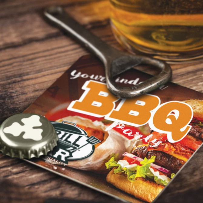 A coasters featuring a colorful BBQ party design, accompanied by a bottle opener and a bottle cap.