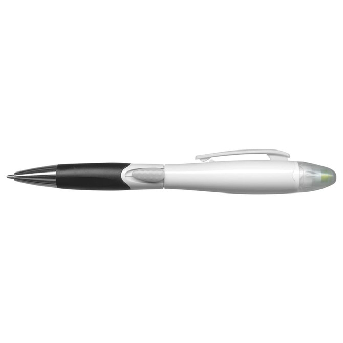 A plastic pen in white and black, featuring a clear top and a clip for easy carrying. It has a logo on the body.