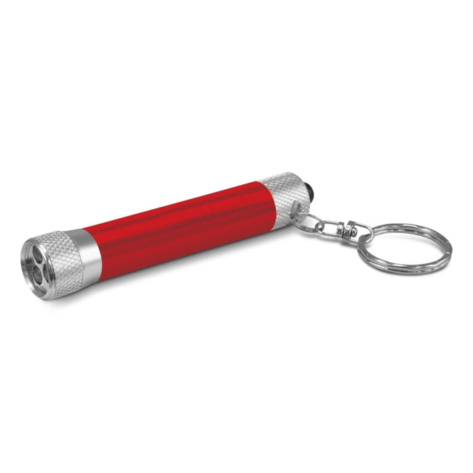 A red Titan Torch Key Ring featuring a slim design with a keychain attachment and multiple LED lights at one end.
