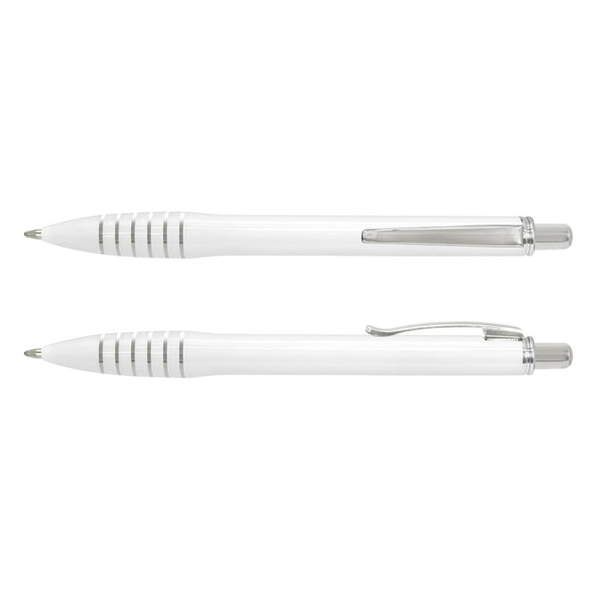 A plastic pen in white with silver accents and a clip, featuring a sleek, modern design.