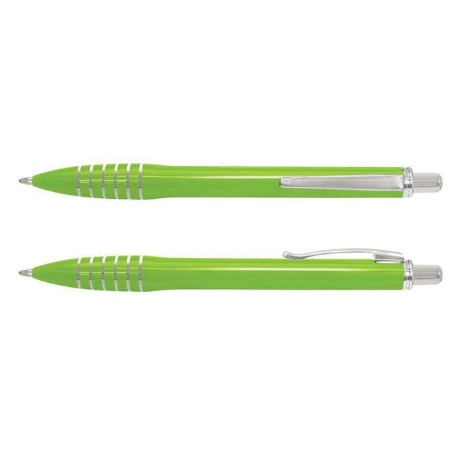 A plastic pen in bright green with silver accents and a sleek design, featuring a logo.