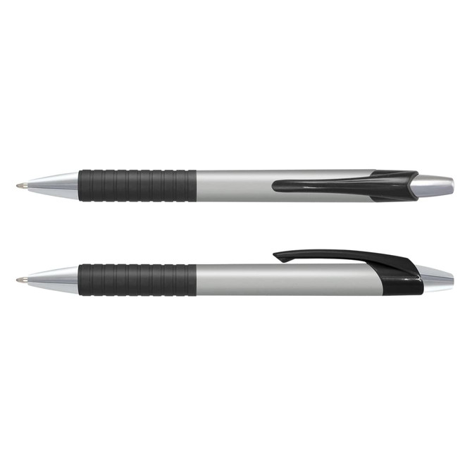 A grey pen with a coloured barrel and black grip, featuring a chrome clip and tip. The pen has a logo.