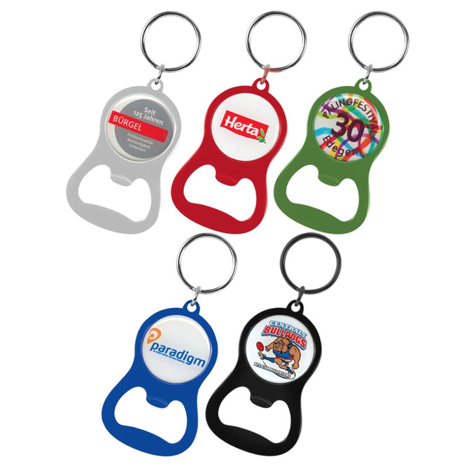 A drink bottle opener key ring in red, green, blue, and silver, featuring various logos and designs.