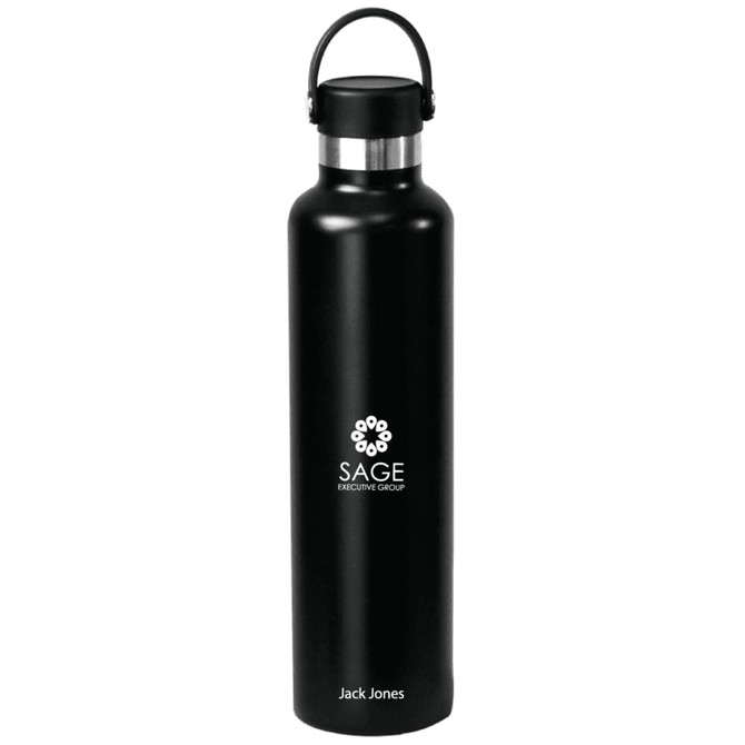 A drink bottle made of stainless steel, featuring a sleek black design and a handle, with a logo on the front.