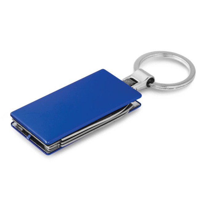 A blue multi-function metal key ring with a sleek rectangular design and a silver keyring attachment.