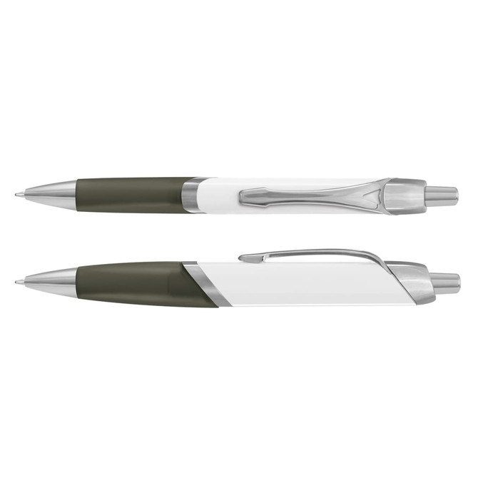 A white and olive green plastic pen with a silver clip and trim, featuring a sleek design.