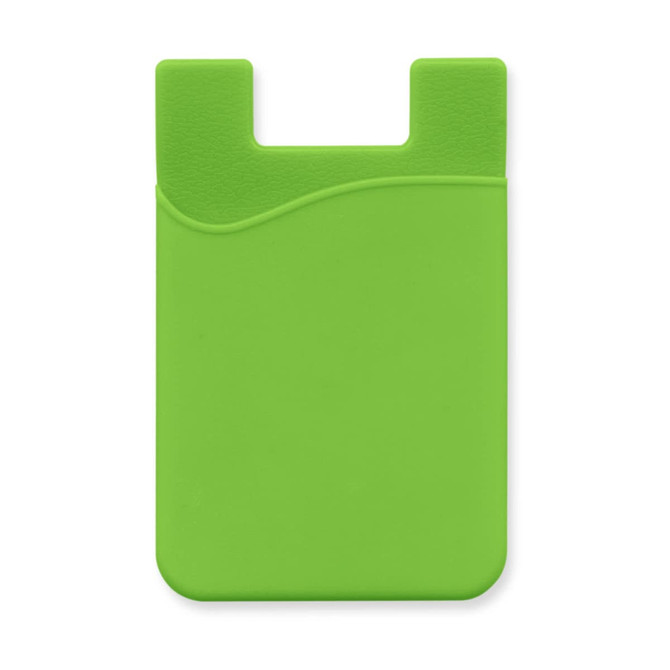 A green silicone phone wallet with a curved design and a slot for cards, featuring a branding logo.