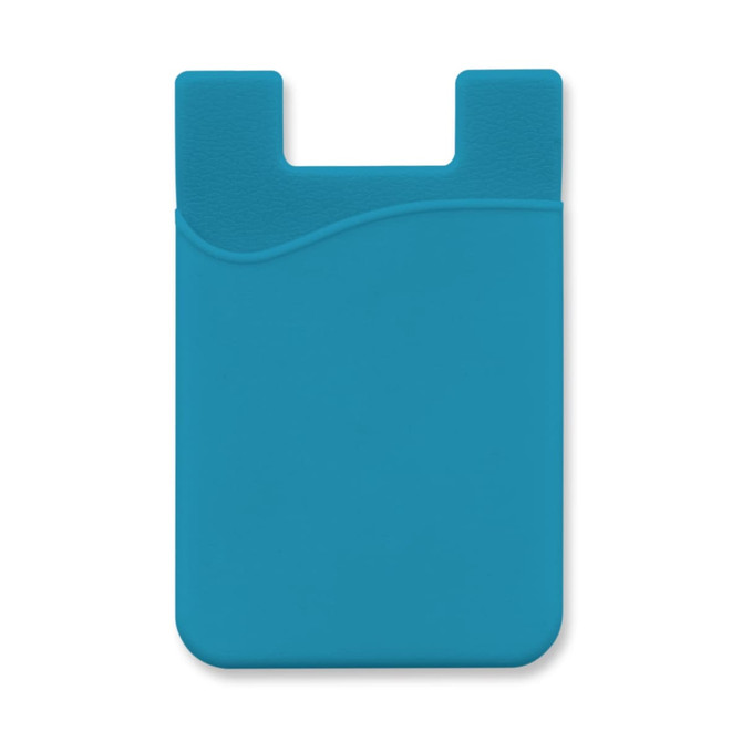 A turquoise silicone phone wallet featuring a curved design and a slot for cards. Includes a branding logo.