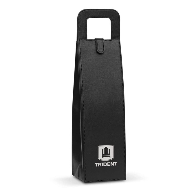 A drink bottle carrier in black leather with a handle and a logo prominently displayed on the front.