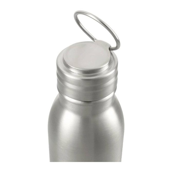 A drink bottle featuring a stainless steel design with a looped lid, showcasing a sleek, matte finish.