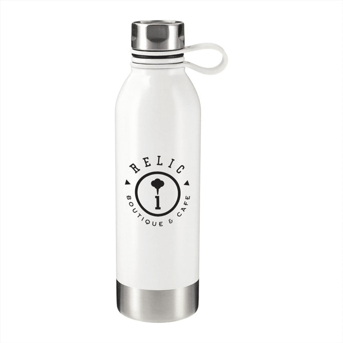A drink bottle made of stainless steel, featuring a white body and a silver bottom, with a logo.
