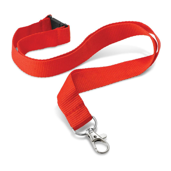 A bright red custom printed lanyard made from durable material with a metal clip and plastic buckle.