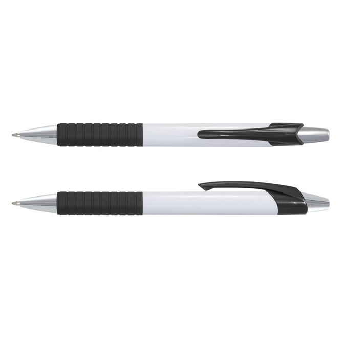 A white barrel plastic pen with black rubber grip and silver accents, featuring a clip and a logo.