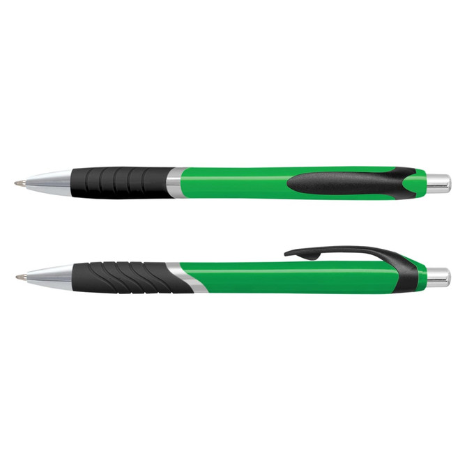 A green plastic pen with a black grip and silver accents, featuring a logo on the barrel.