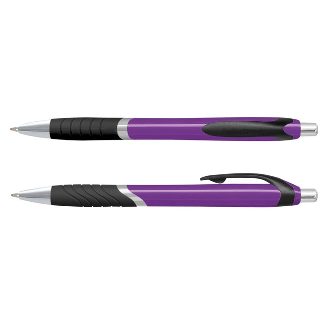 A set of purple plastic pens with a black grip, featuring a shiny silver clip and trim.