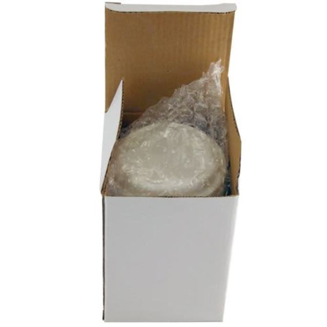 A ceramic mug with a silicone lid, presented in a cardboard box. The mug is mostly white.