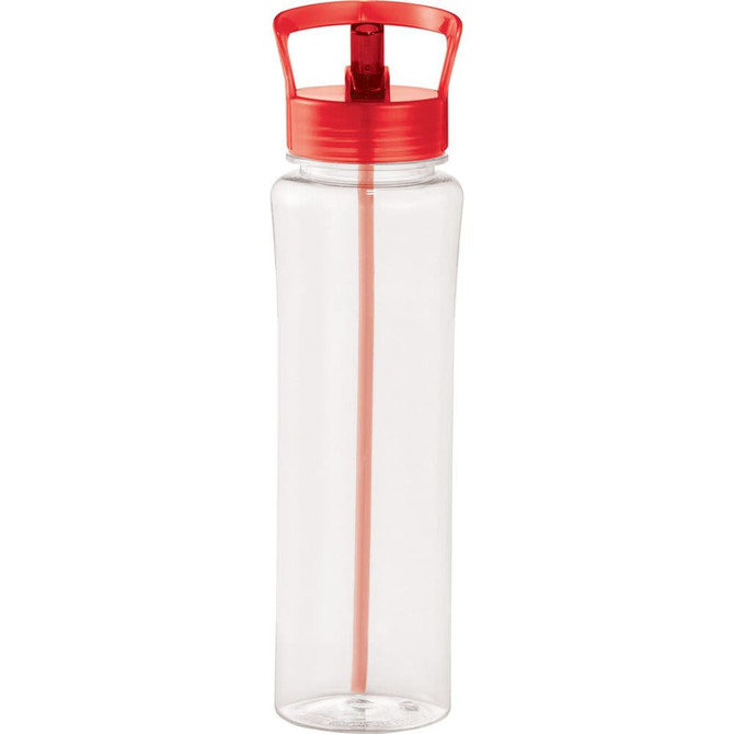 A drink bottle in clear plastic with a red lid and straw, featuring a slight curvature and a logo.