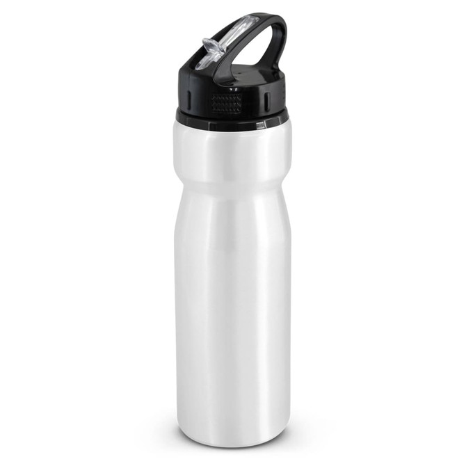 A drink bottle with a sleek silver body and a black flip cap for easy access.
