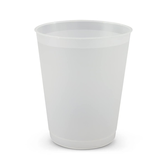 A drink cup in translucent white plastic, featuring a simple design and rounded base. Includes a branding logo.