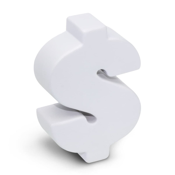 A white stress toy in the shape of a dollar sign.