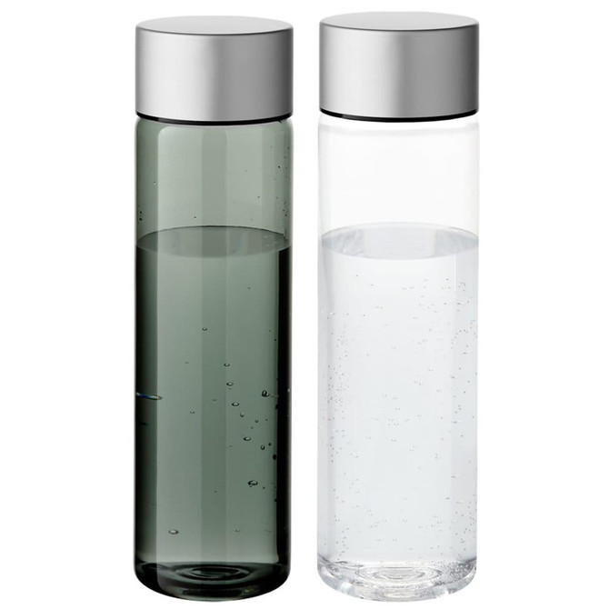 A drink bottle set featuring two styles: one in dark green and one in clear, both with silver caps.