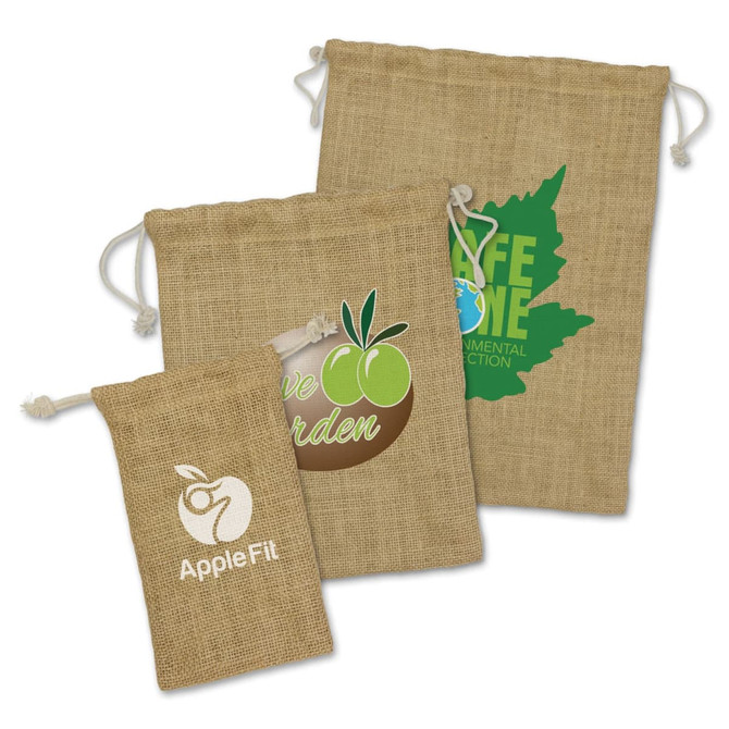 A medium-sized jute gift bag in natural brown, featuring drawstring closures and various printed designs.