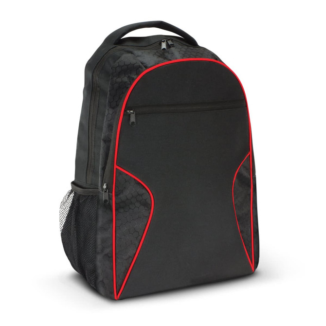A black laptop backpack with red accents and a mesh side pocket. Features a main zip compartment and a logo.