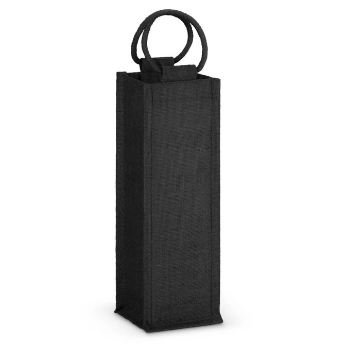 A jute wine carrier featuring a tall, rectangular design with two loop handles, presented in a sleek black color.