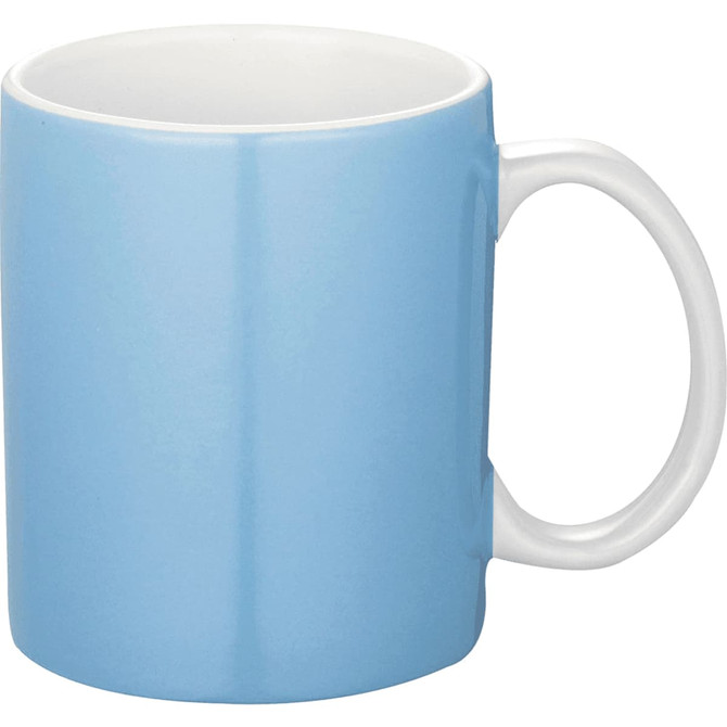 A ceramic coffee mug in light blue with a white handle. It features a smooth, glossy finish and a logo.