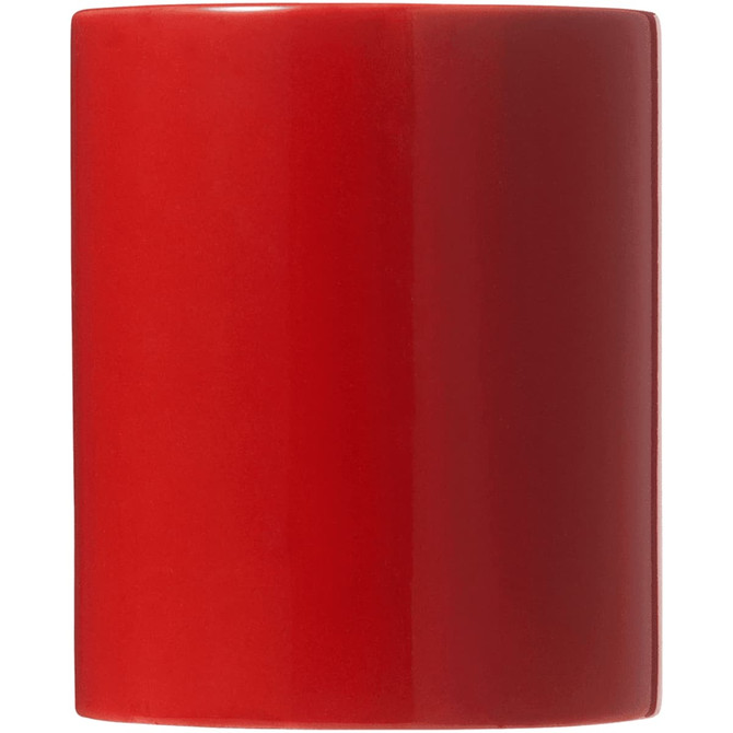 A red ceramic mug with a glossy finish, featuring a smooth, rounded design and a logo.