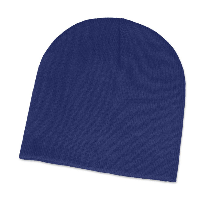 A royal blue beanie cap made from a soft knit material, featuring a snug fit and a classic beanie design.