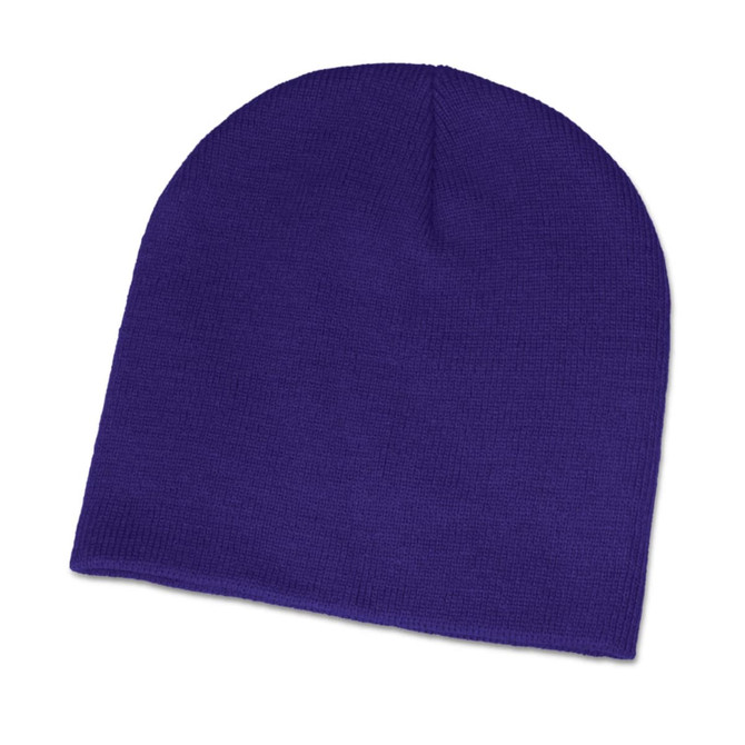 A purple beanie with a knitted texture, featuring a logo on the side.