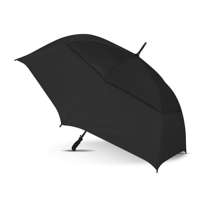 A Trident Sports Umbrella featuring a sleek black design with a sturdy frame, ideal for protection against the elements.