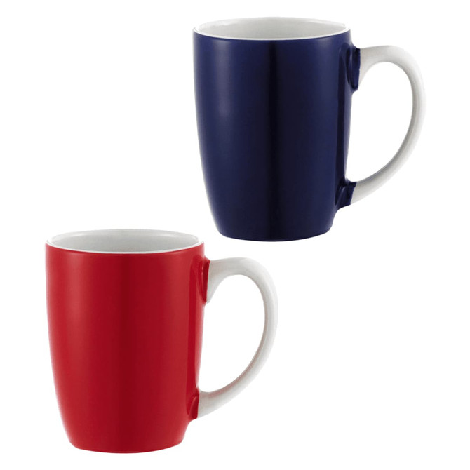A ceramic mug set featuring a red and a navy blue mug, each with a white interior and a logo.