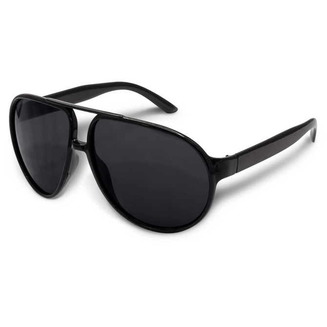 Aviator sunglasses with a sleek black frame and dark tinted lenses.