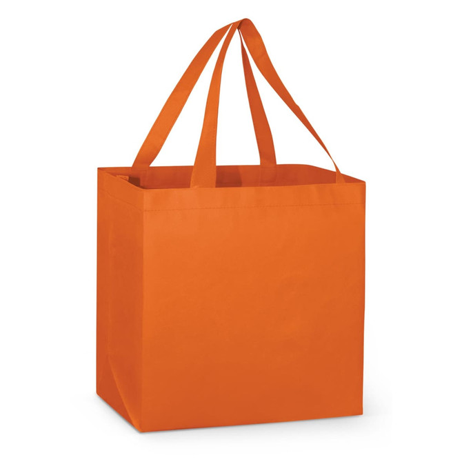 An orange tote bag with two sturdy handles, featuring a simple, spacious design.