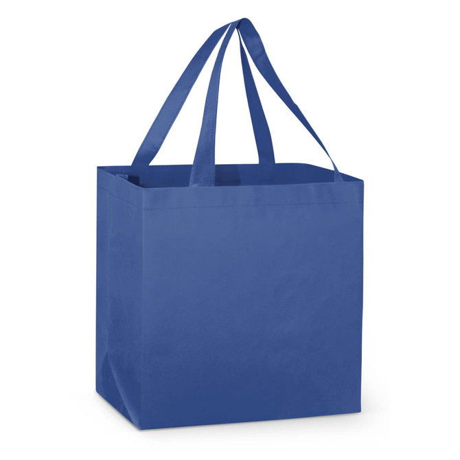 A blue tote bag with double handles and a square base. It includes a logo.