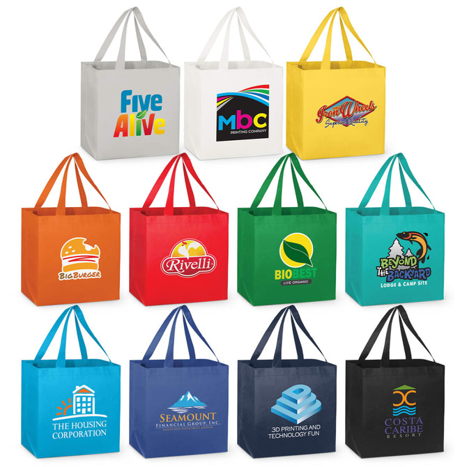 A collection of tote bags in various colours, featuring multiple logos and designs. Different shapes and sizes are displayed.
