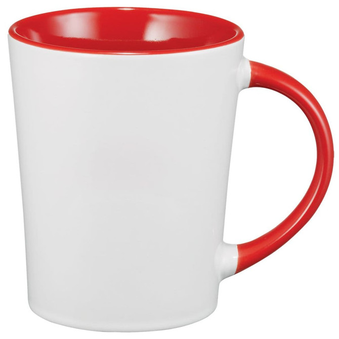 A drinkware mug with a white exterior and red interior, featuring a handle and a logo.
