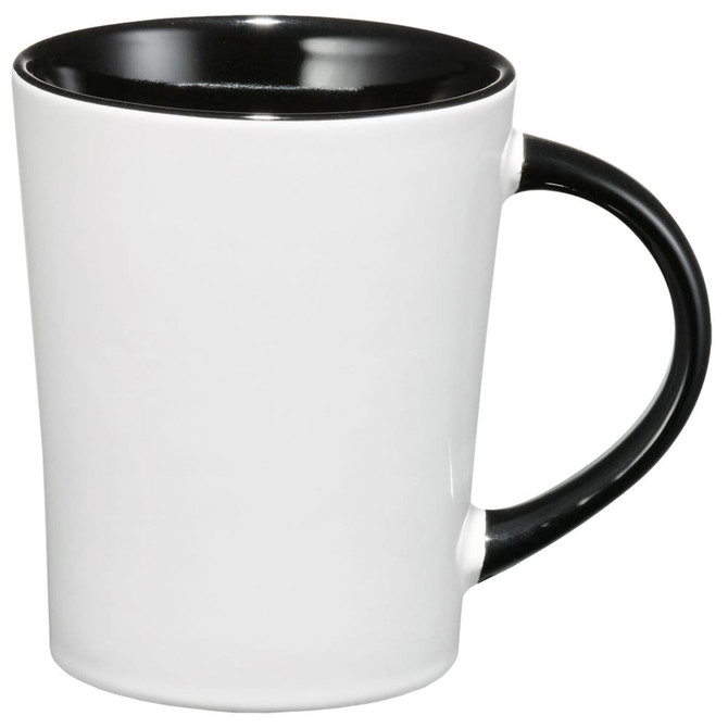A ceramic mug with a white exterior and a black interior and handle, featuring a smooth design and a logo.