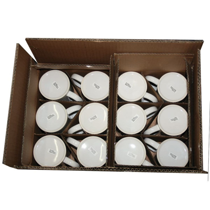 A cardboard box filled with multiple white ceramic mugs, featuring a simple design and a logo.