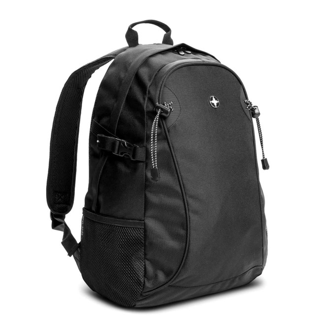 A black outdoor backpack featuring adjustable straps, a mesh side pocket, and a logo on the front.