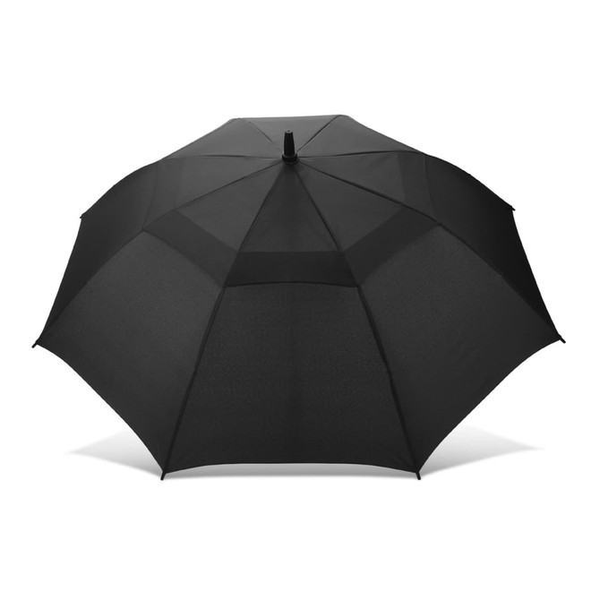 A black Swiss Peak Tornado 58cm umbrella with a sleek design and a central handle.