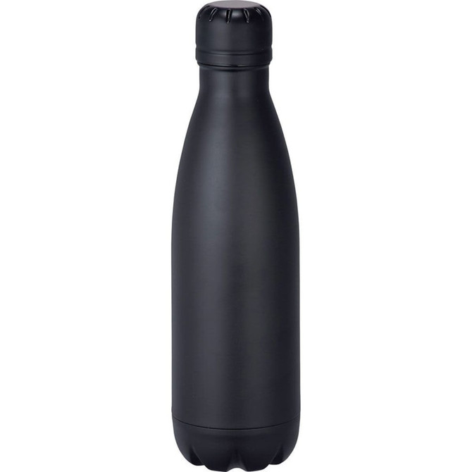 A drink bottle in matte black finish, featuring a sleek design and a logo on the surface.