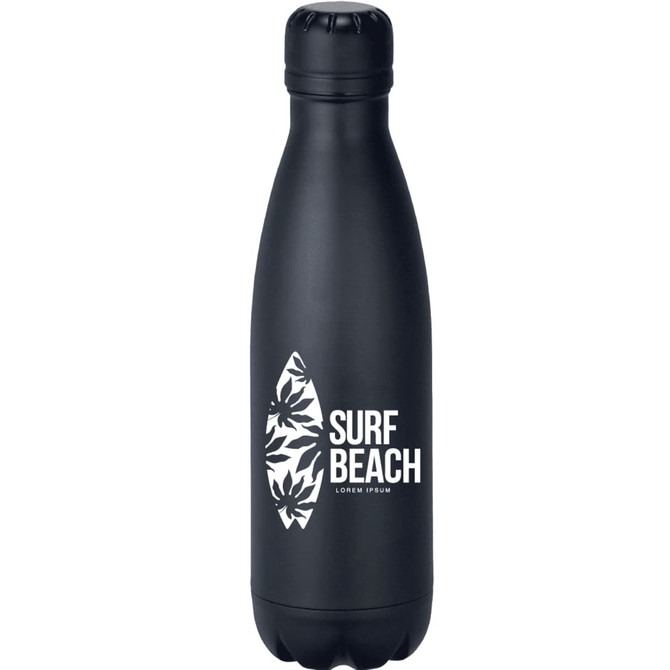 A drink bottle in matte black with a surf design, featuring a logo on the front. Insulated and 500ml capacity.