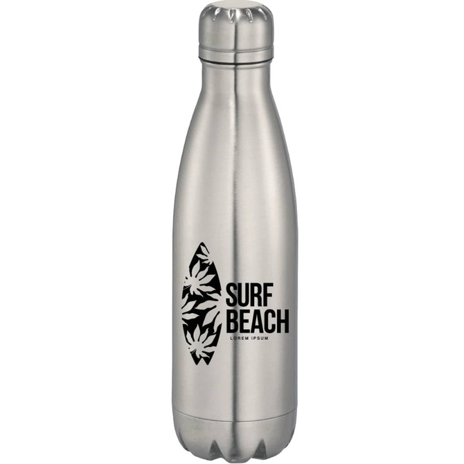 A drink bottle made of stainless steel with a leaf design and the text "SURF BEACH," featuring a silver finish.