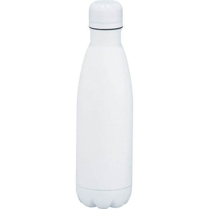 A drink bottle in white with a sleek design and a screw-top lid, featuring a logo.