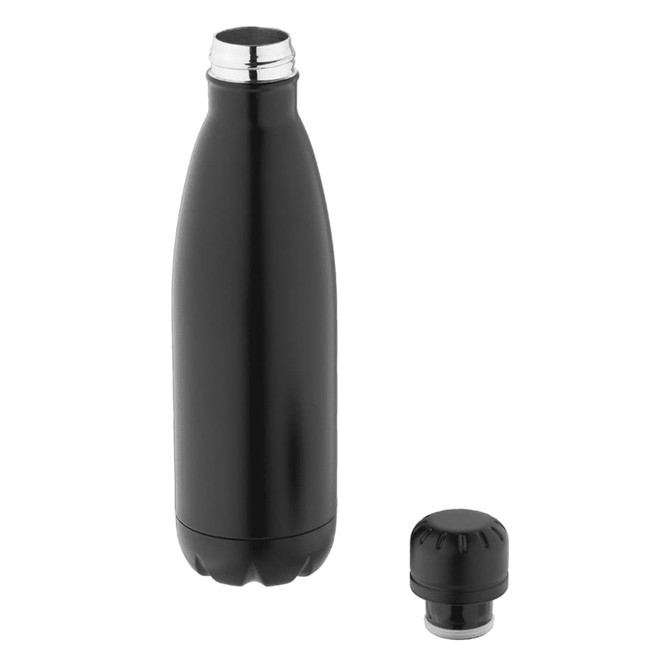 A drink bottle in matte black with a stainless steel lid, featuring a removable cap and a sleek design.