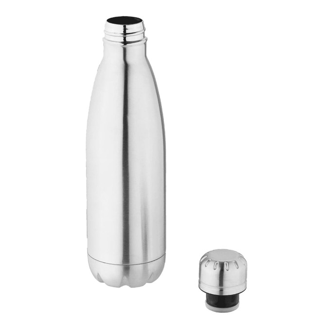 A drink bottle in silver, made of stainless steel with a matching screw-top lid. It has an included logo.